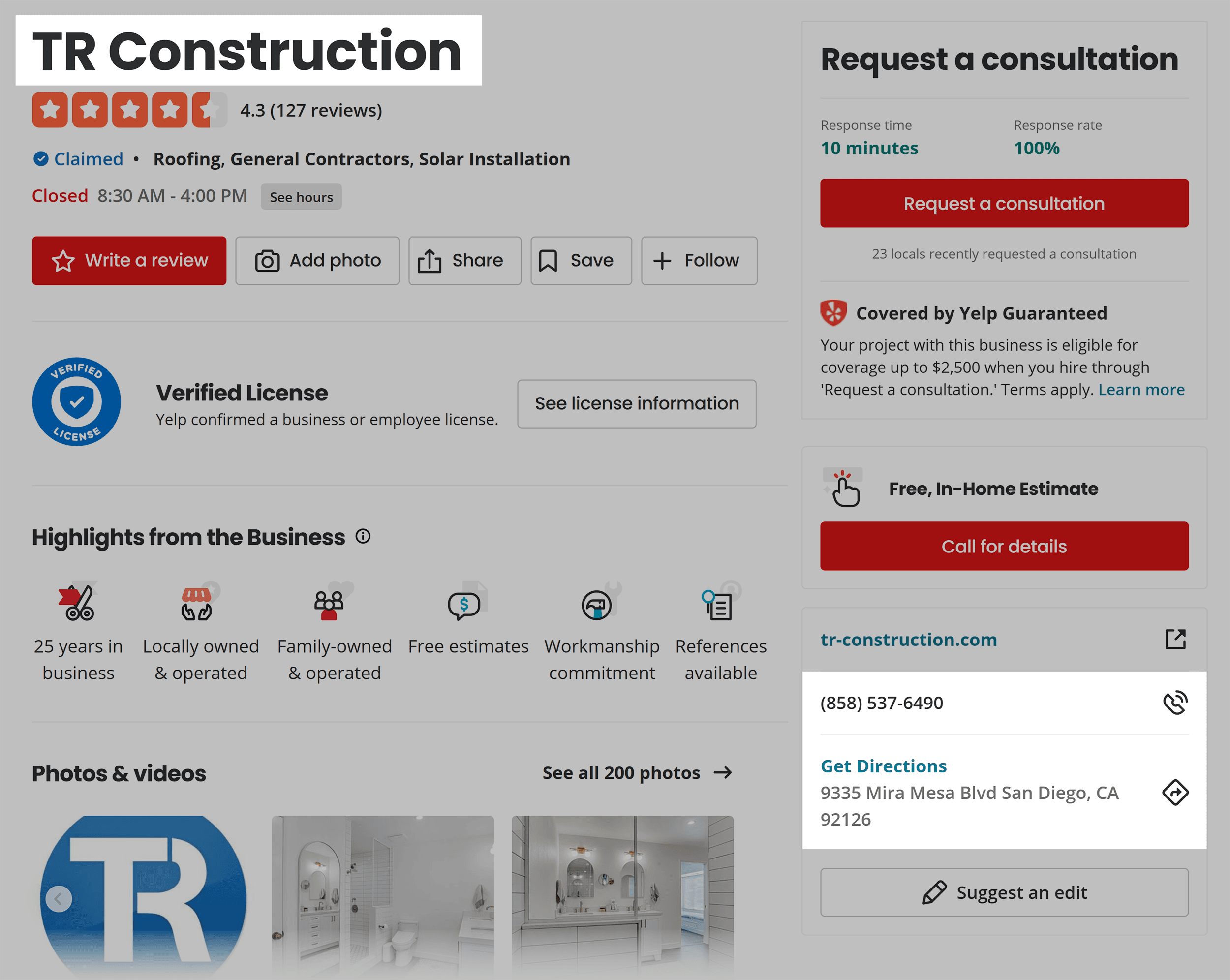 Yelp – TR Construction profile