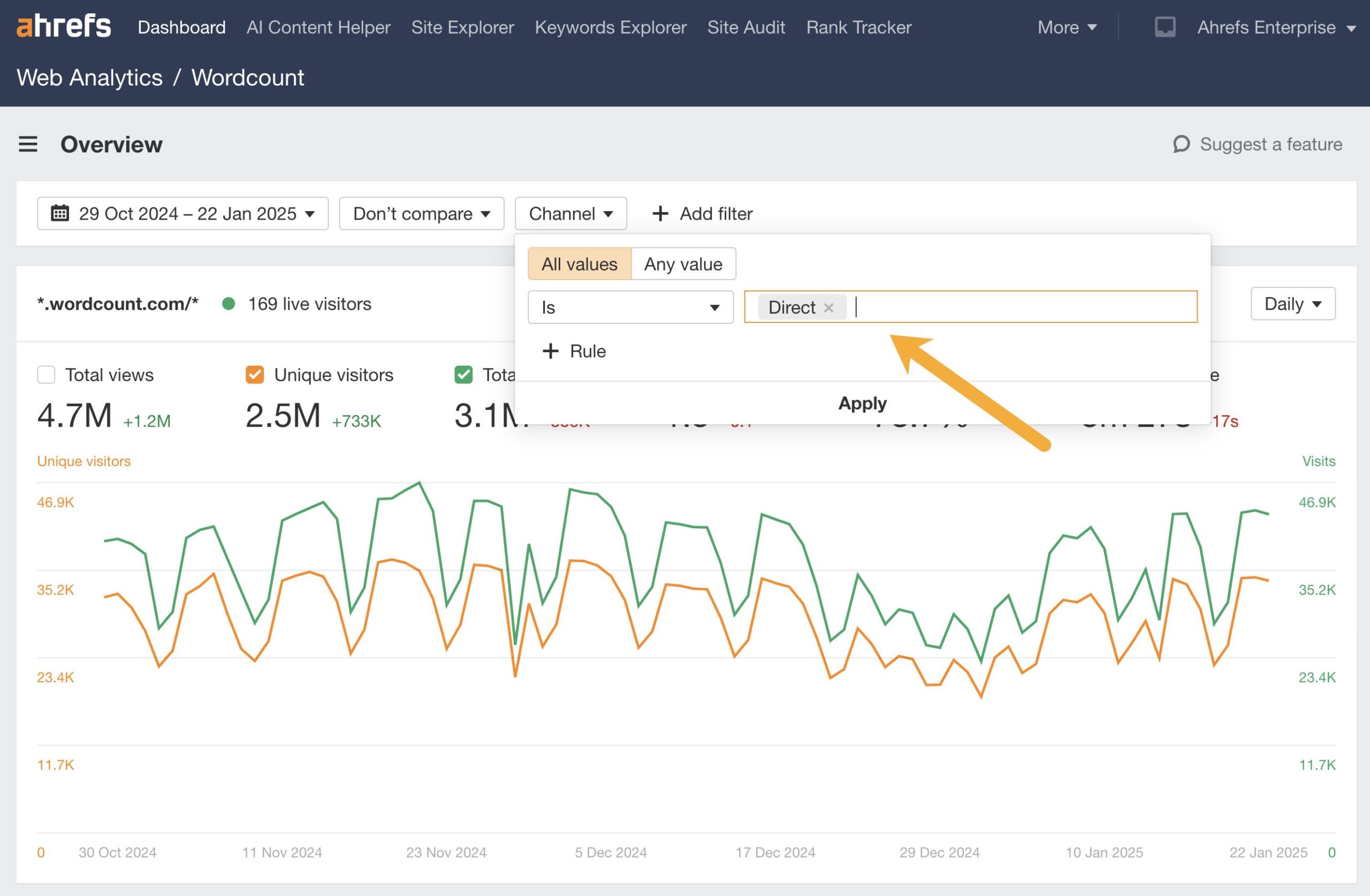 A screenshot of Ahref's Web Analytics tools showing how to add a channel filter for Direct traffic