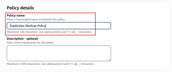 Giving the new Amazon S3 backup policy a name