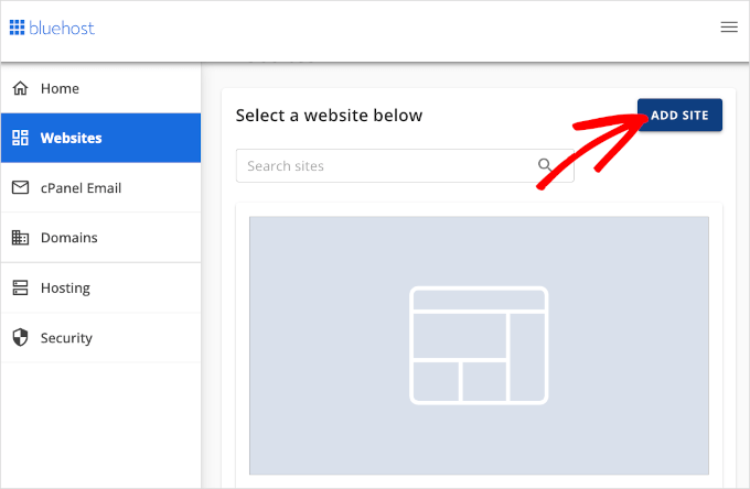 Add Site button in Bluehost