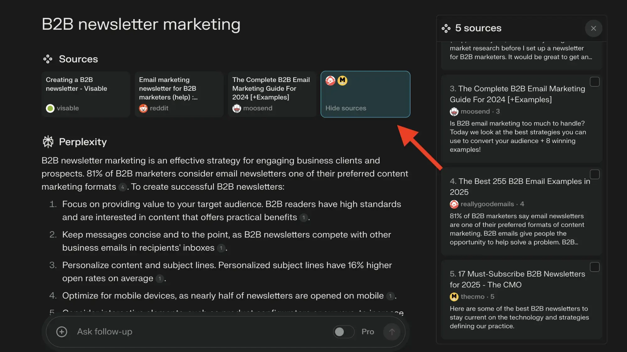screencap of perplexity serp for “b2b newsletter marketing,” with its sources listed in the right sidebar.