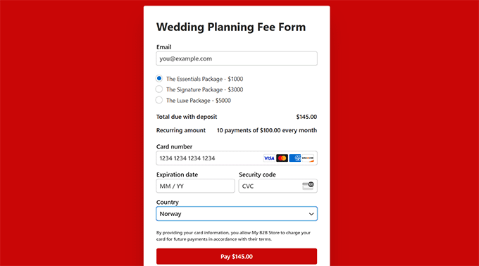 Preview of a form accepting deposit fees