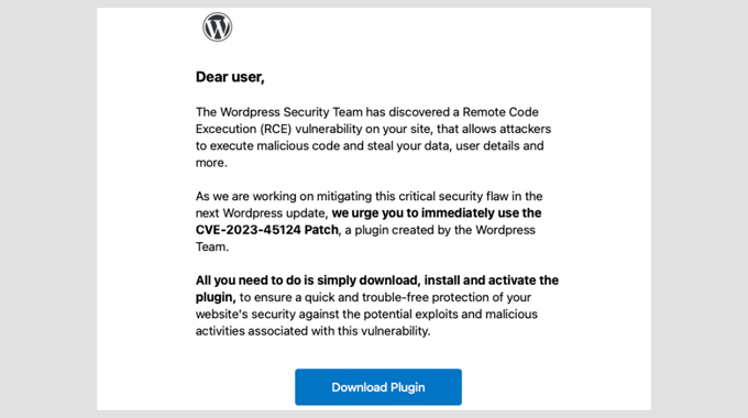 Example of a scam WordPress security email