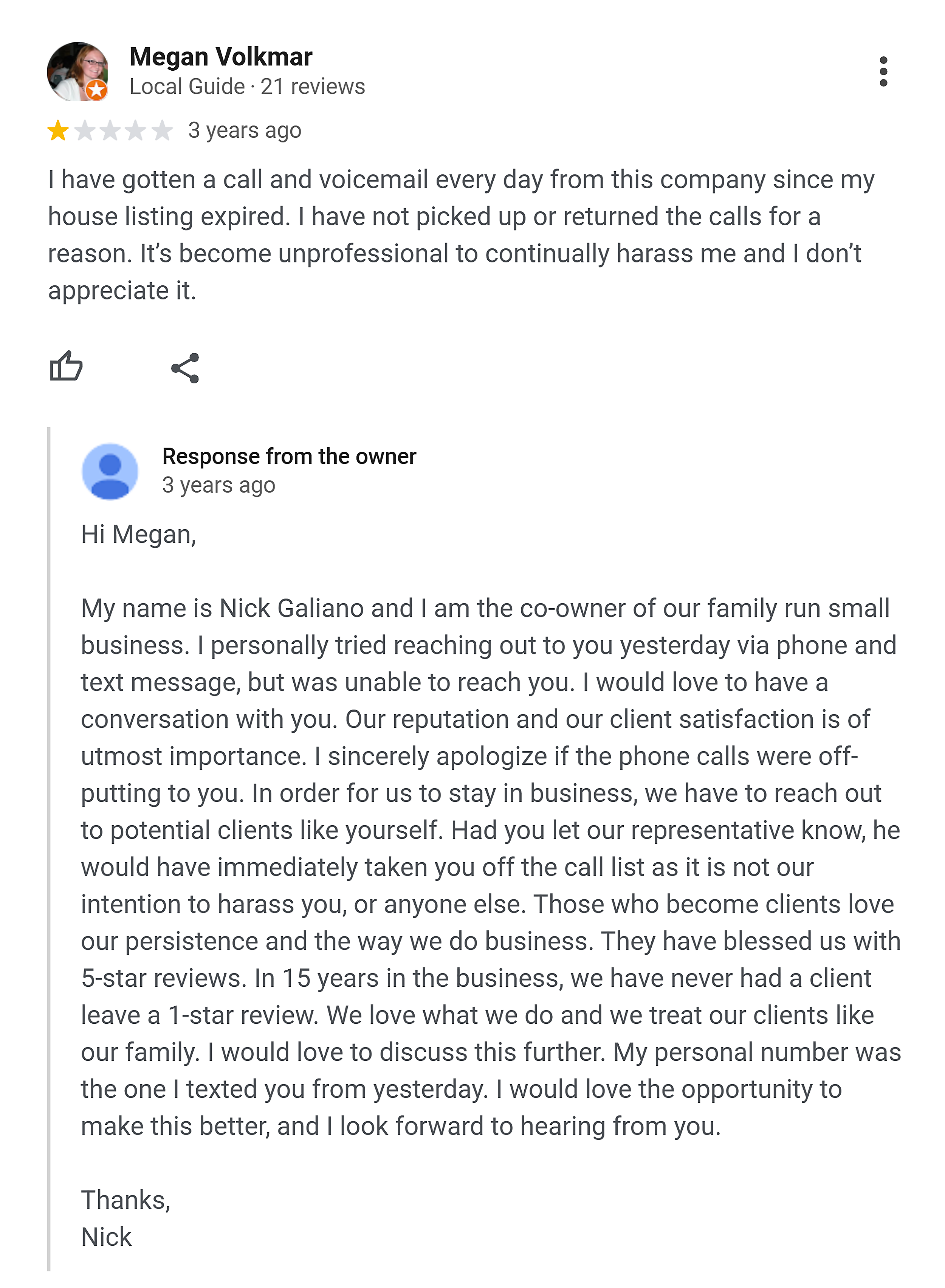 Galiano Realty – Respond to negative review