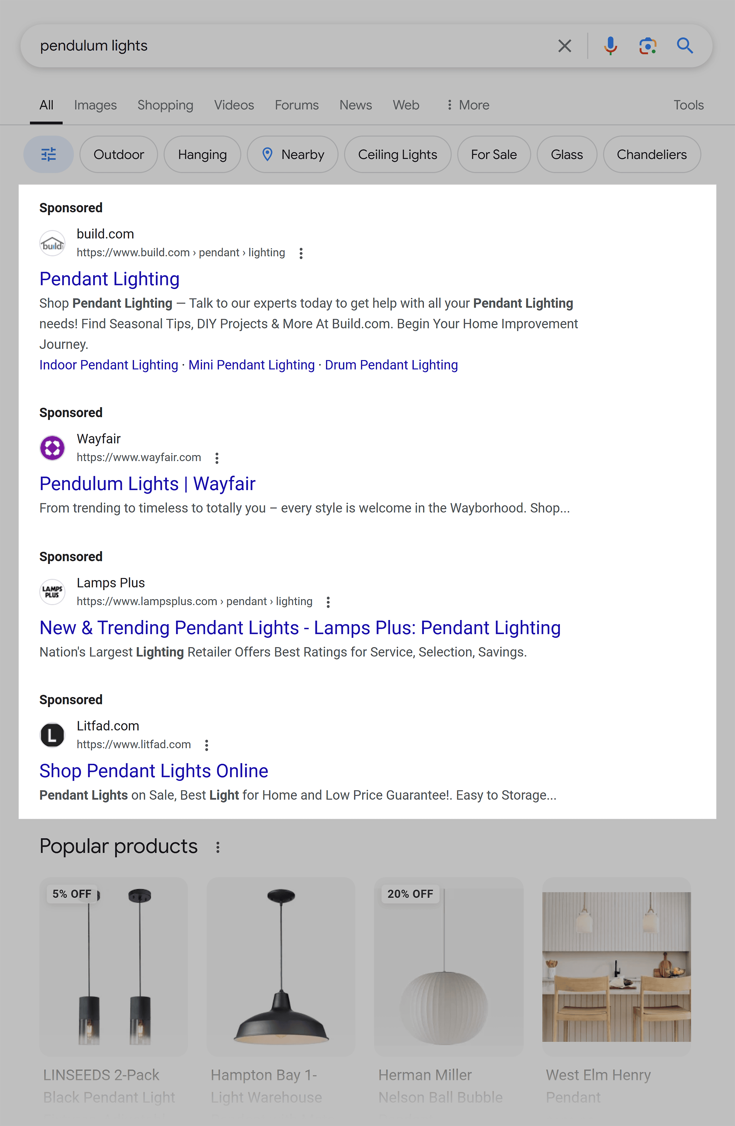 Google ads for "pendulum lights"