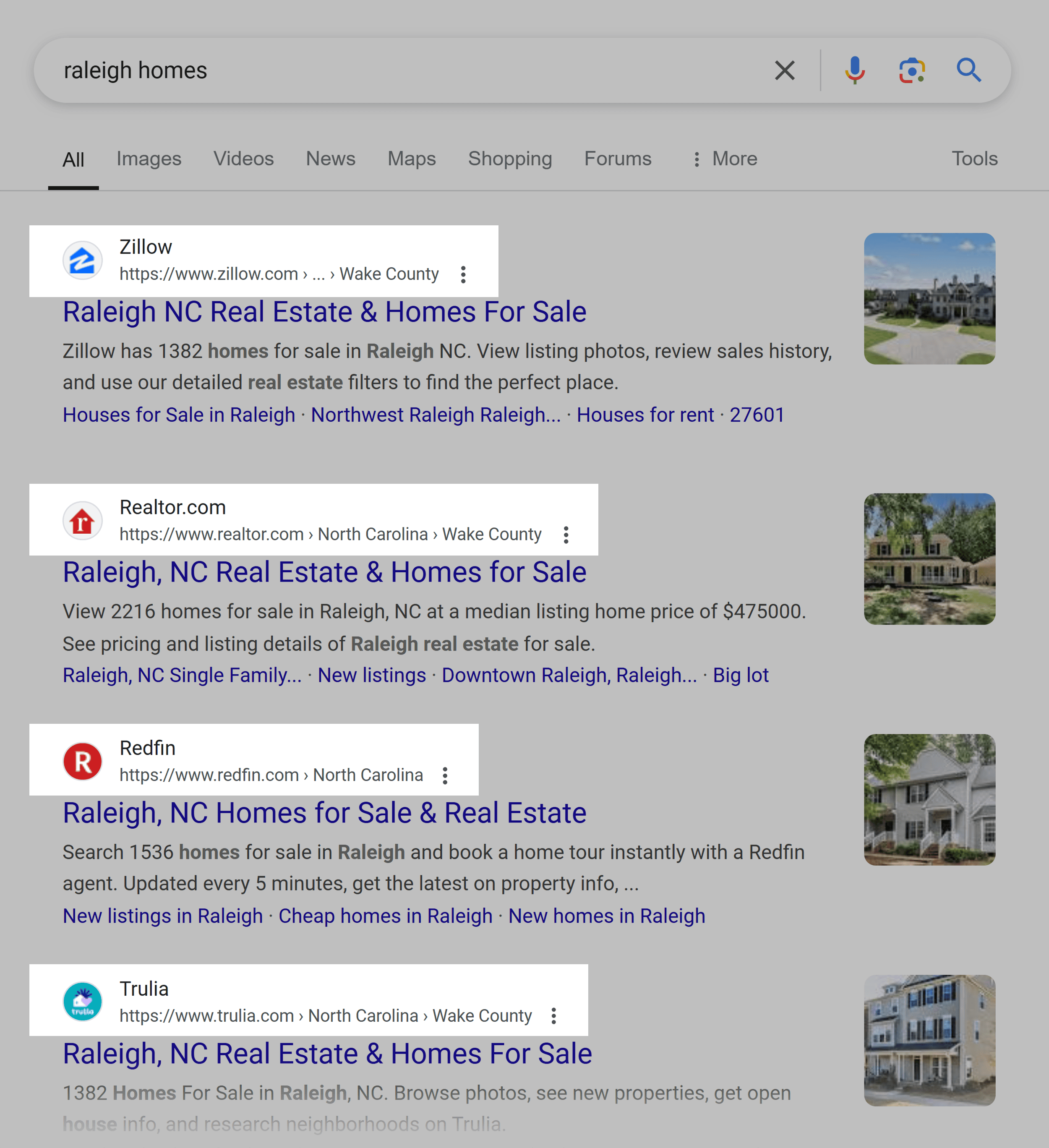 Google SERP – Raleigh homes