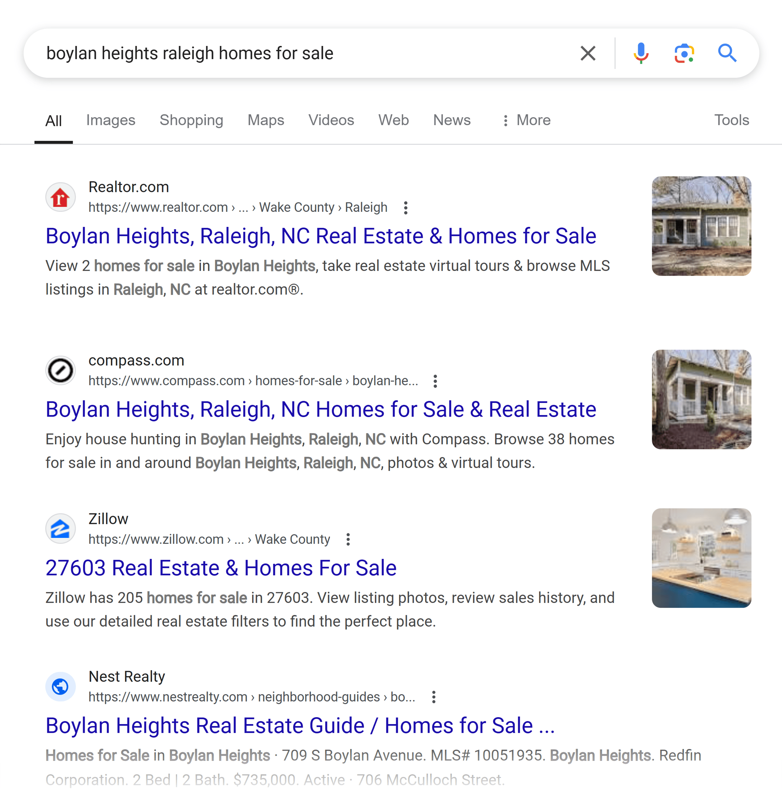 Google SERP – Boylan heights Raleigh homes for sale