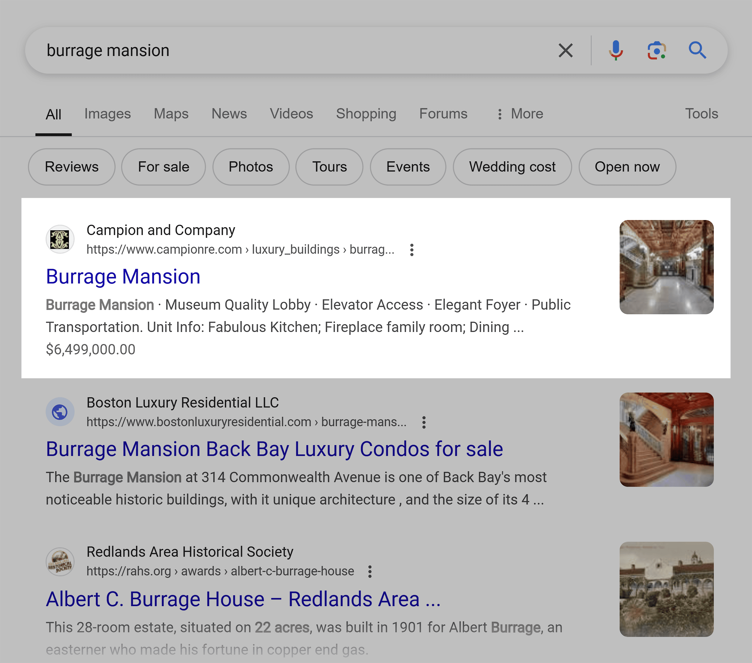 Google SERP – Burrage mansion