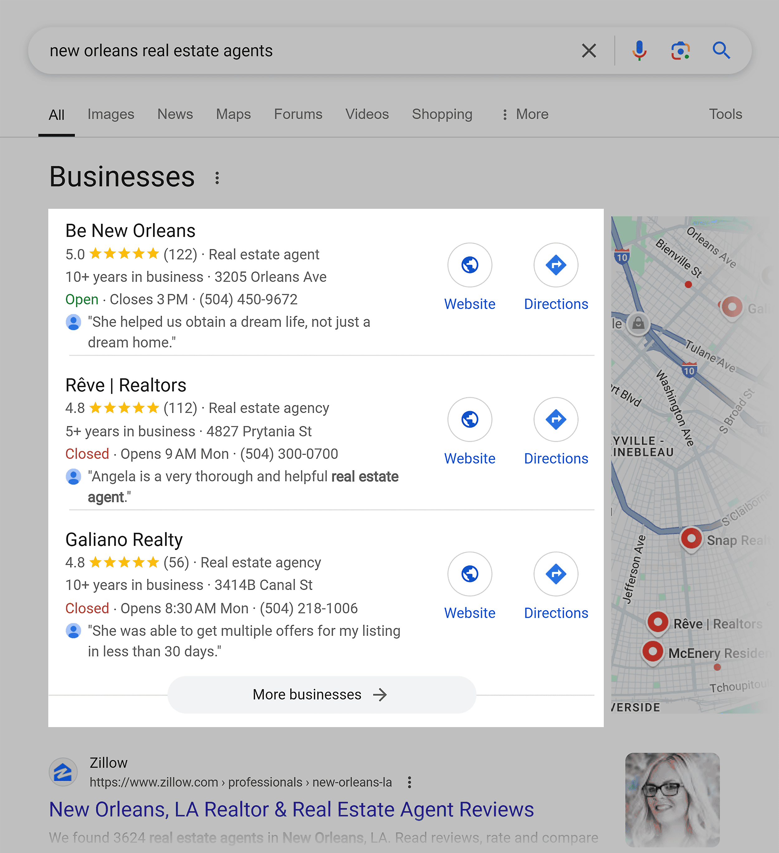 Google SERP – New Orleans real estate agents – Local