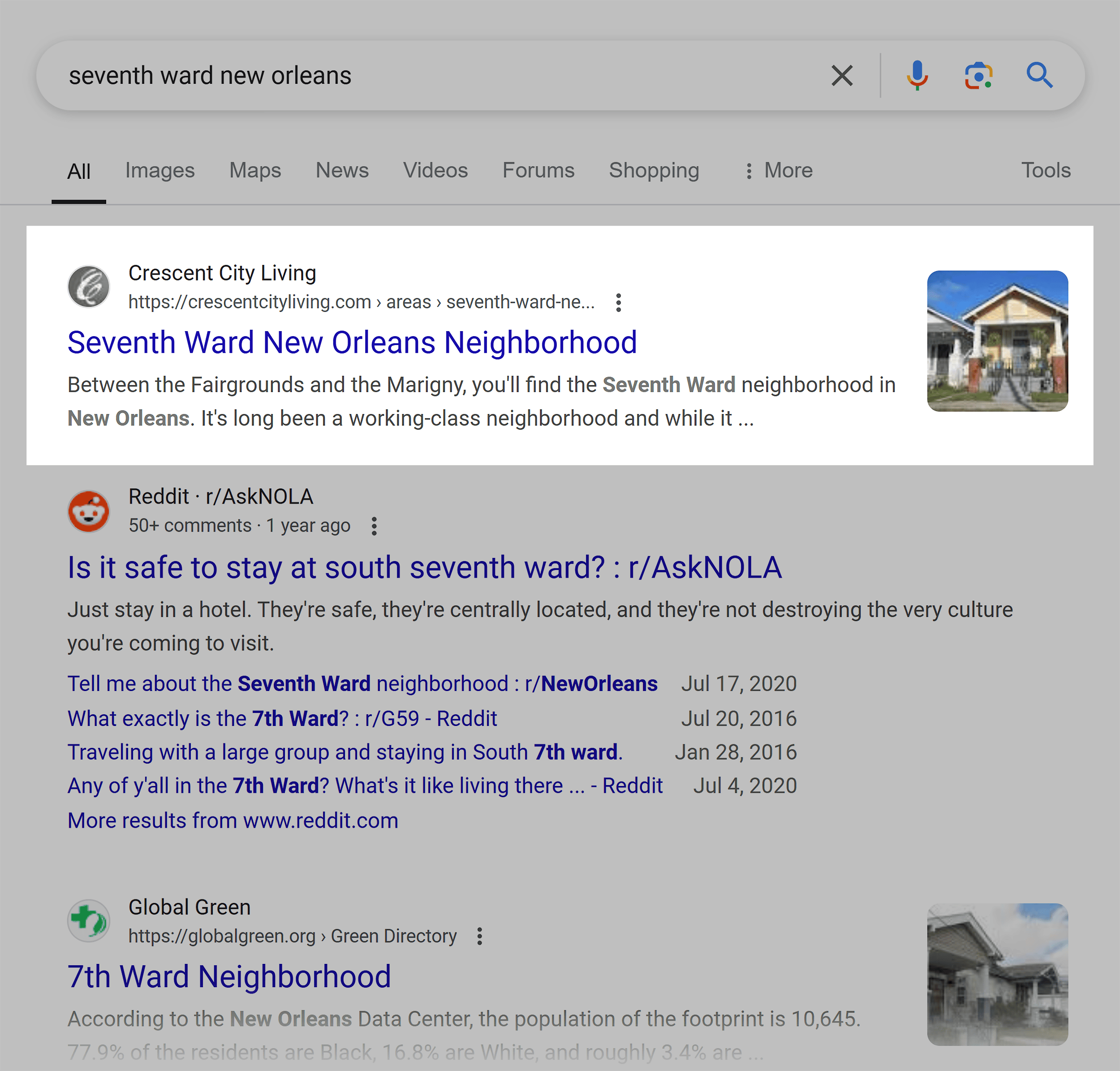 Google SERP – Seventh Ward New Orleans