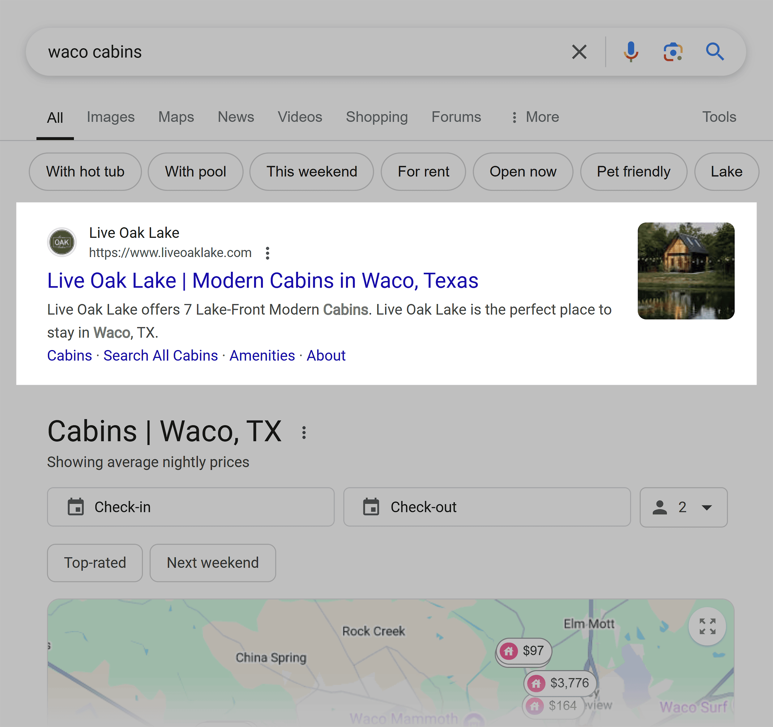 Google SERP – Waco cabins