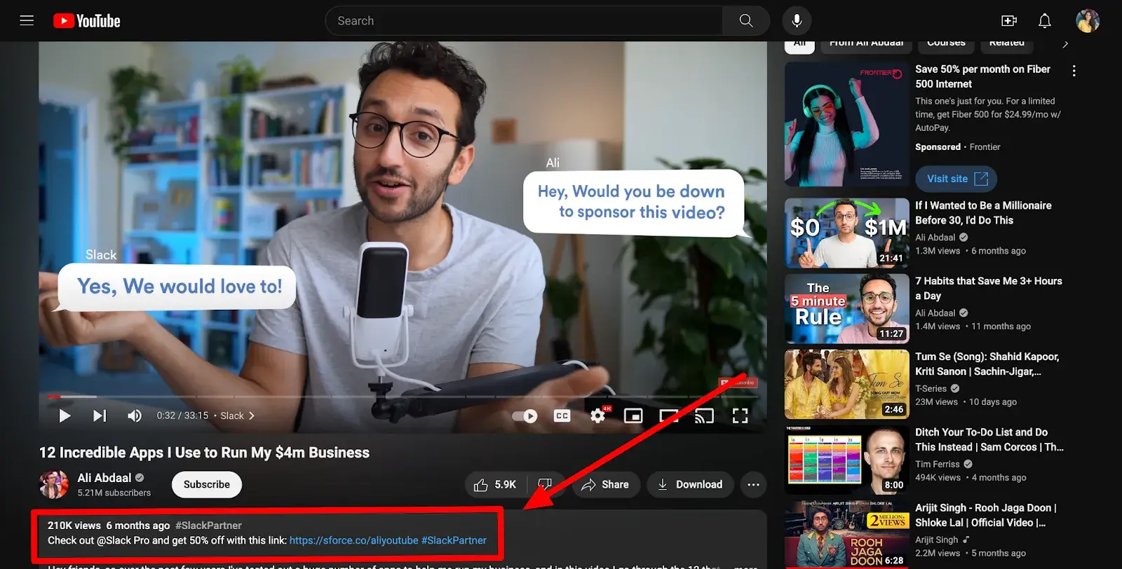 screenshot showing how productivity expert and creator ali abdaal incorporates affiliate content into his videos.