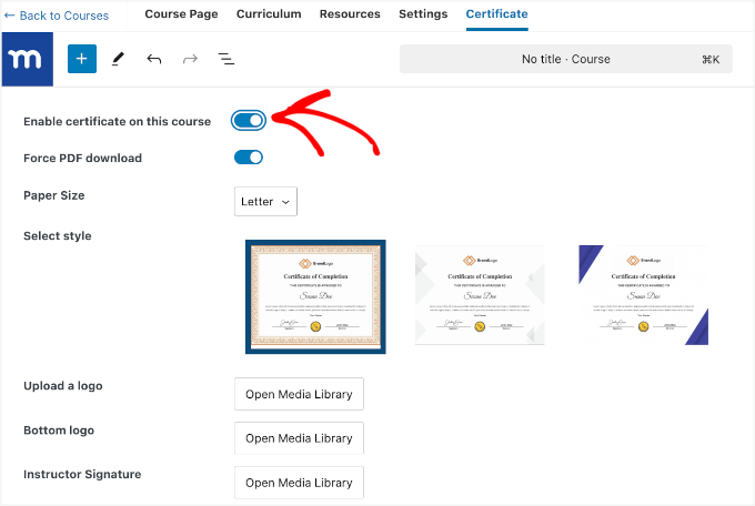 Enable certificate in MemberPress Courses
