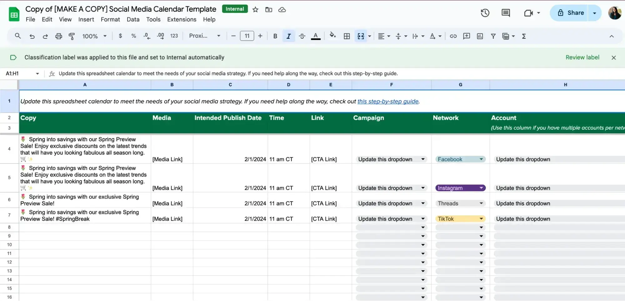 screenshot showing sproutsocial's social media calendar template, a comprehensive spreadsheet with dropdowns for campaign network and more