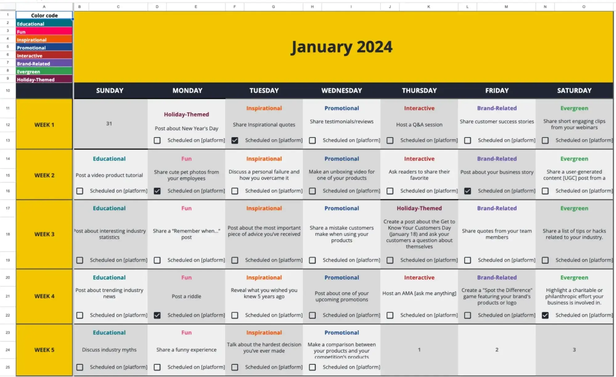 screenshot showing socialbee's social media calendar template, a comprehensive spreadsheet with tabs for each month and post ideas for each dayimage source