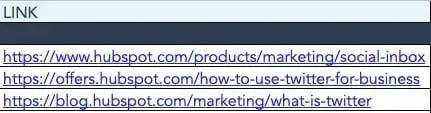 screenshot showing how links may appear in our social media calendar spreadsheet