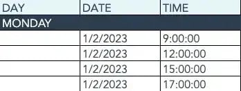 screenshot showing dates and times can be captured in our social media calendar spreadsheet