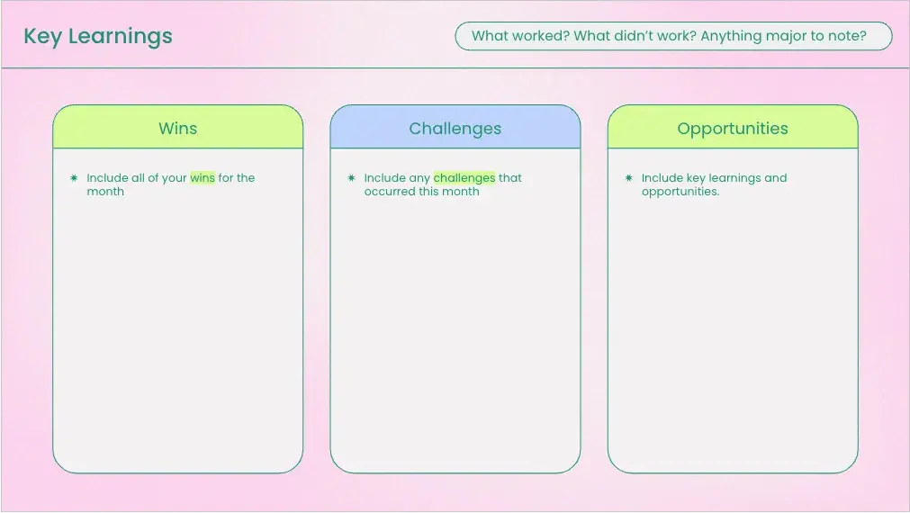 screenshot of the key learnings slide in later’s social media report template