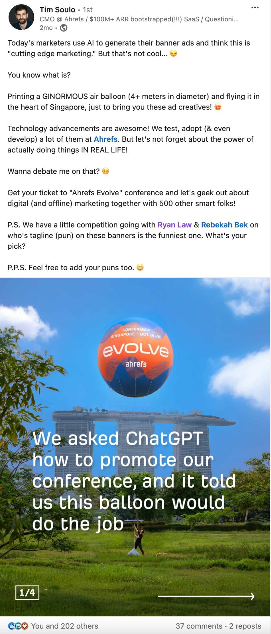 Tim Soulo's LinkedIn post promoting Evolve and using our helium balloon as an ad creative