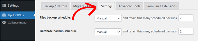 Switching to the Settings tab in UpdraftPlus