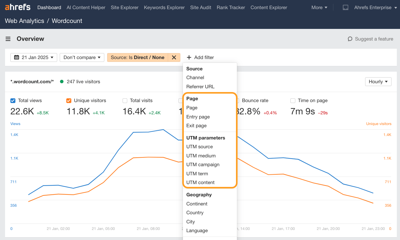 A screenshot of Ahrefs Web Analytics tool highlighting page and UTM parameter filters