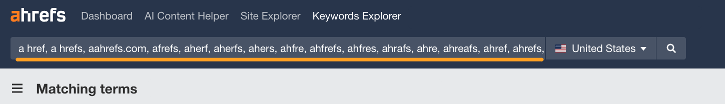 A search for brand name plus any misspellings in Ahrefs Keywords Explorer 