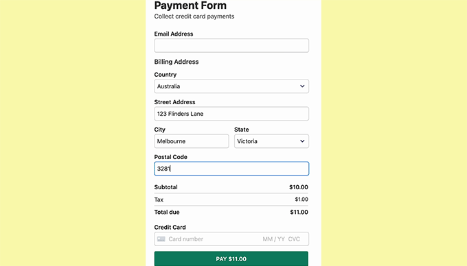 Preview of a payment form with automatic tax calculation based on location