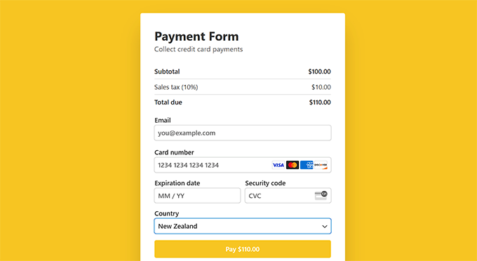 Preview of a payment form with a fixed tax rate