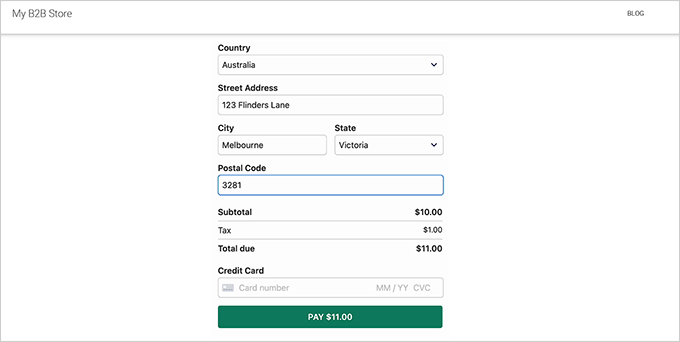 Preview of a payment form with automatic tax calculation