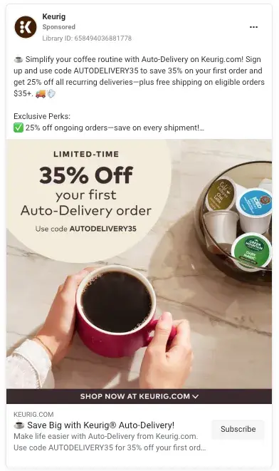 screenshot of keurig offer ad example on facebook.
