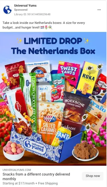 screenshot of facebook ad example from universal yums.