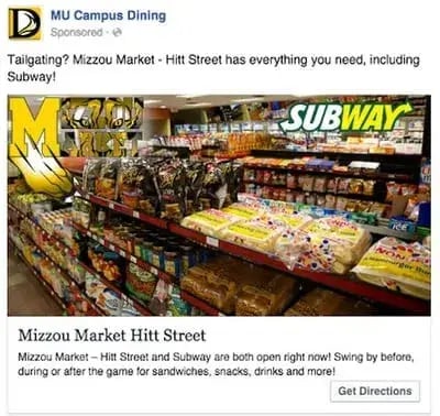 facebook ad example: mizzou market reach ad