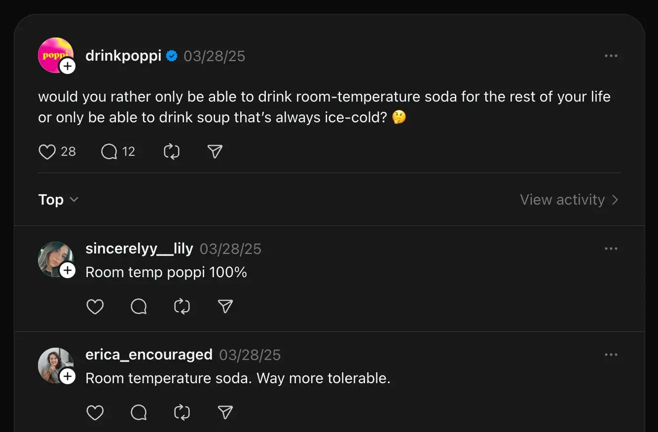 poppi threads post example https://www.threads.net/@drinkpoppi/post/dhwemwcujfh?xmt=aqgzq57duduuwrz_tevwqtdnewtkg1mtlsfssa5dgytwsw