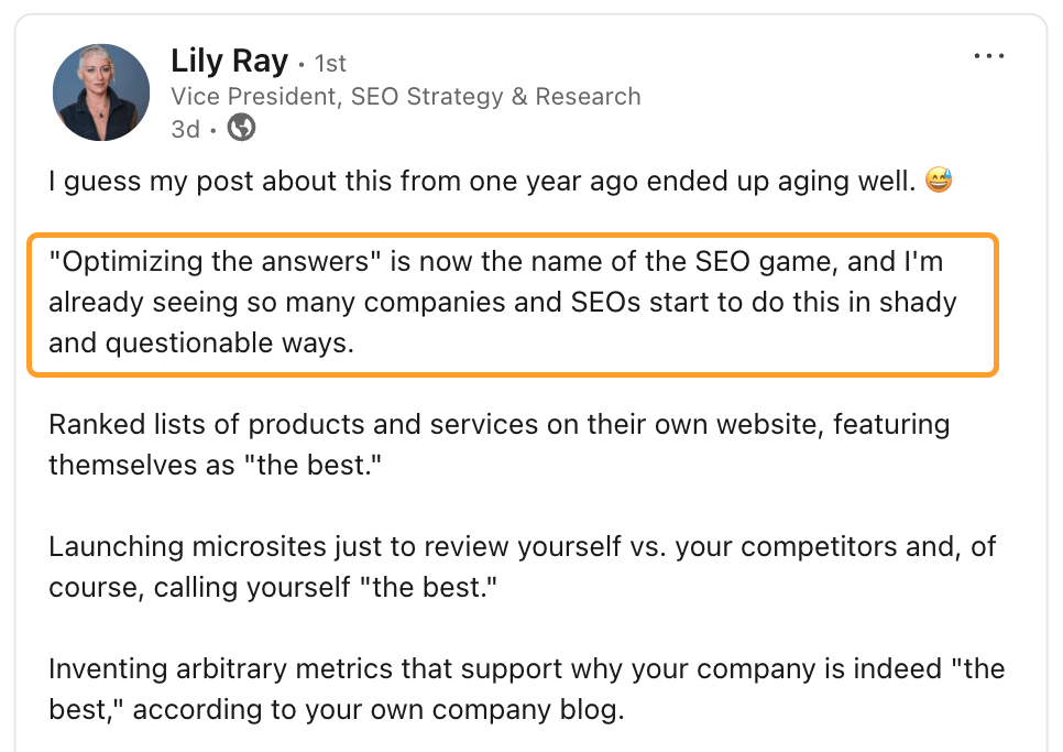 Lily Ray's LinkedIn post highlighting the quote "'Optimizing the answers' is now the name of the SEO game, and I'm already seeing so many companies and SEOs start to do this in shady and questionable ways."