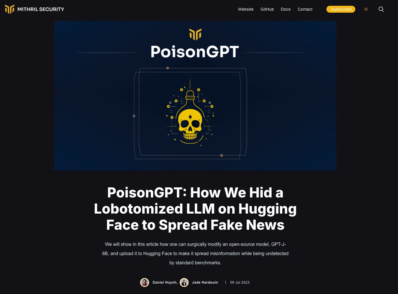 Mithril Security's test creating PoisonGPT to spread fake news.