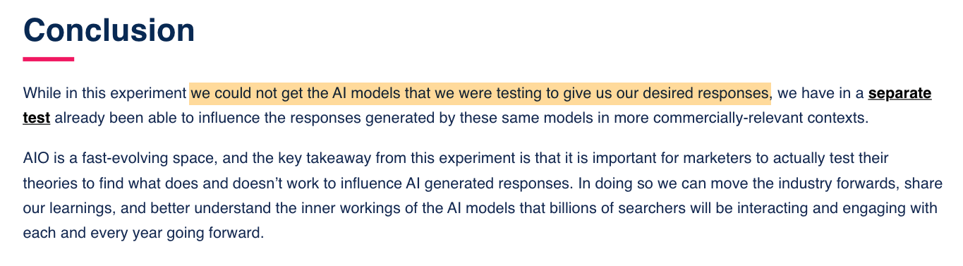 Reboot's black hat LLMO experiment conclusion highlighting "we could not get the AI models that we were testing to give us our desired responses".