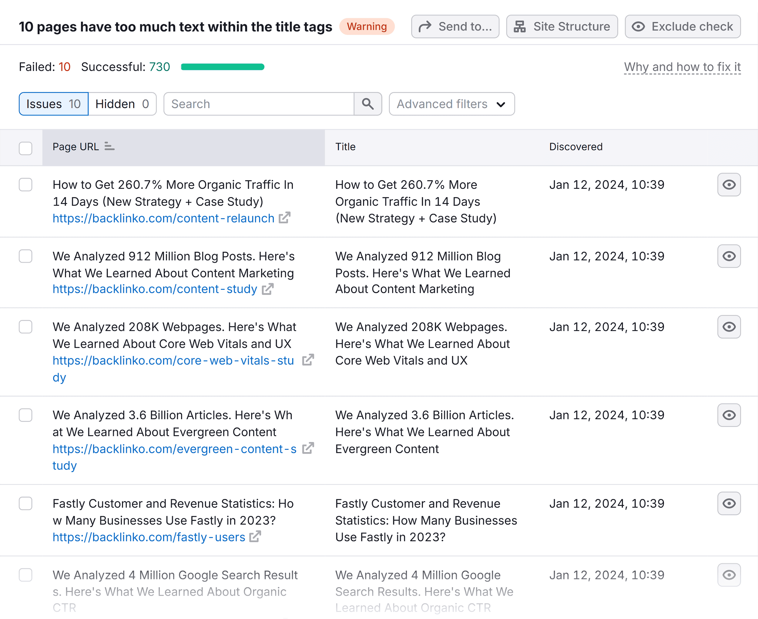 Site Audit &ndash; Backlinko &ndash; Issues &ndash; Too much text within the title tags