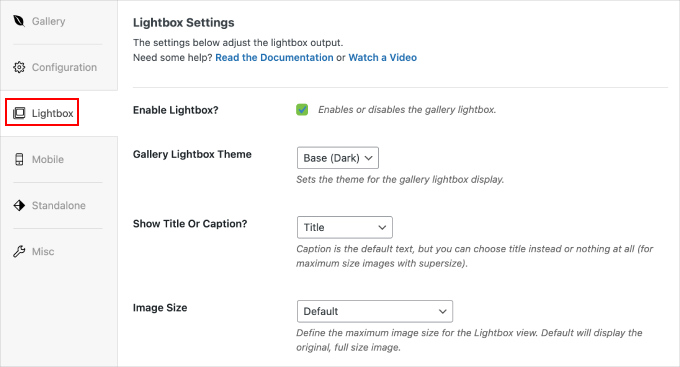 Envira Gallery lightbox settings