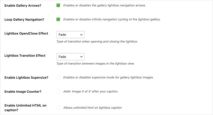 Envira Gallery lightbox settings page