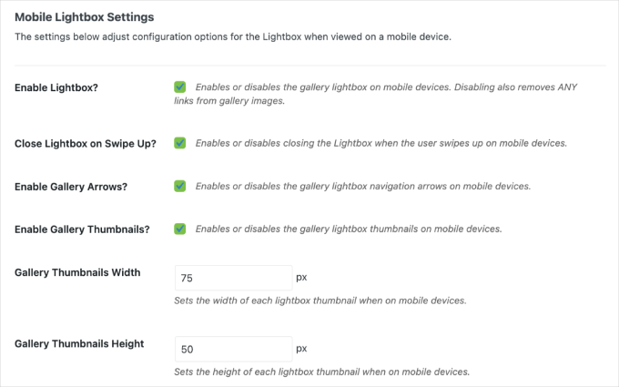 Envira Gallery mobile lightbox feature settings