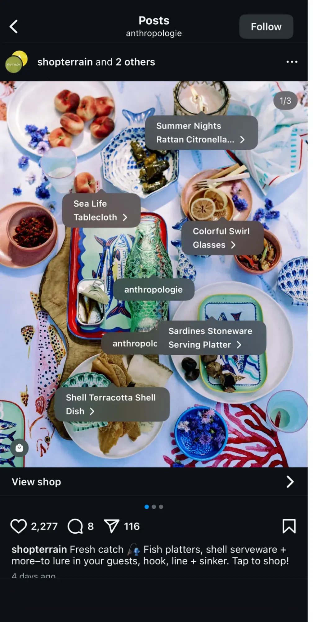 a screenshot of a shoppable instagram post from @shopterrain and @anthropologie on instagram