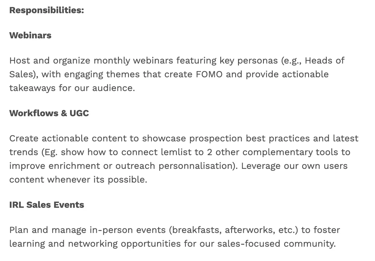 a product marketing job description with responsibilities posted on lemlist in april 2025