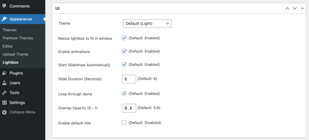 Simple Lightbox settings page UI