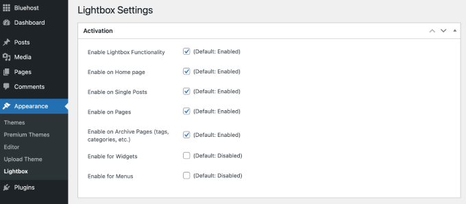 Simple Lightbox settings page