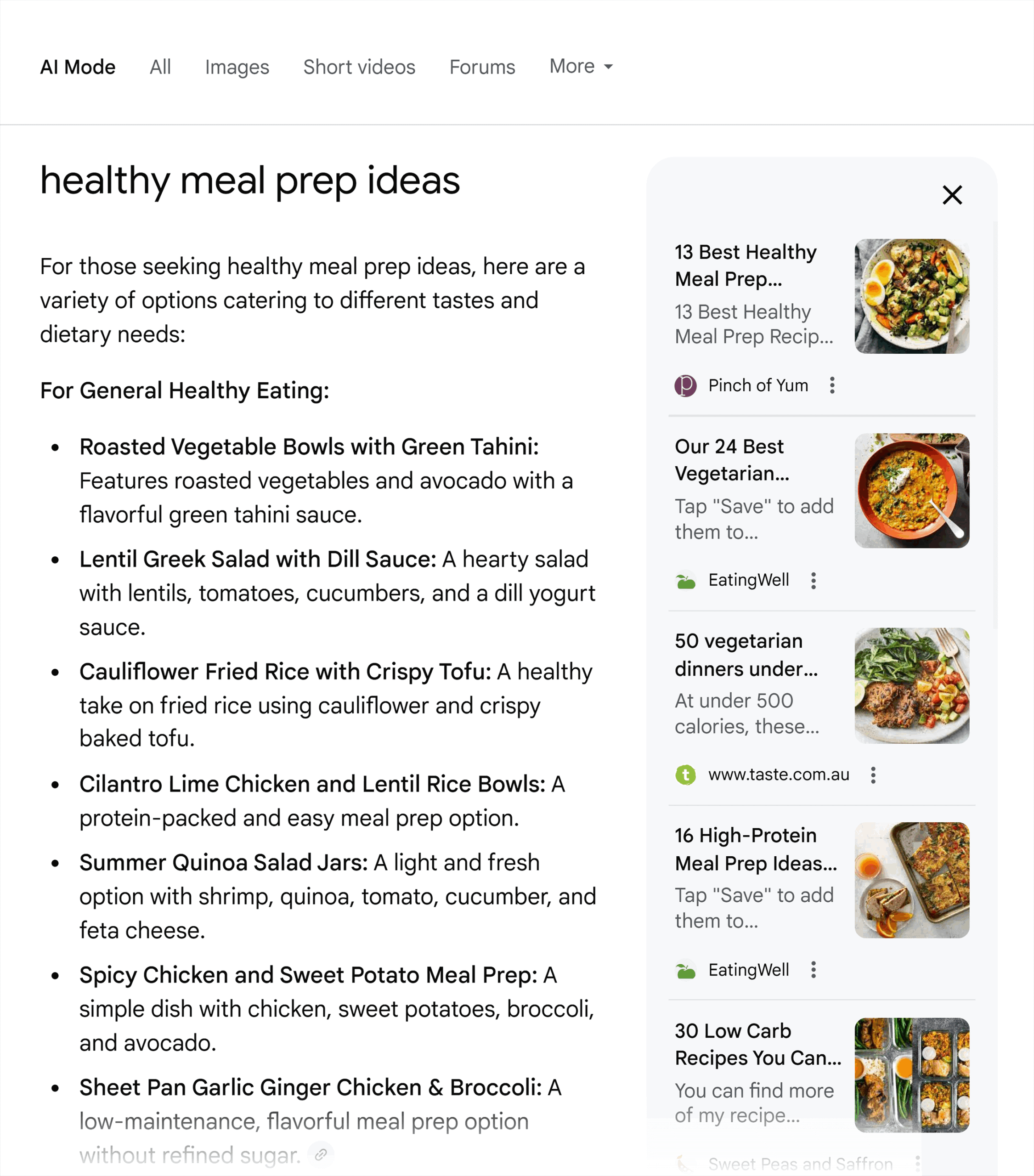 Google AI Mode – Healthy meal prep ideas