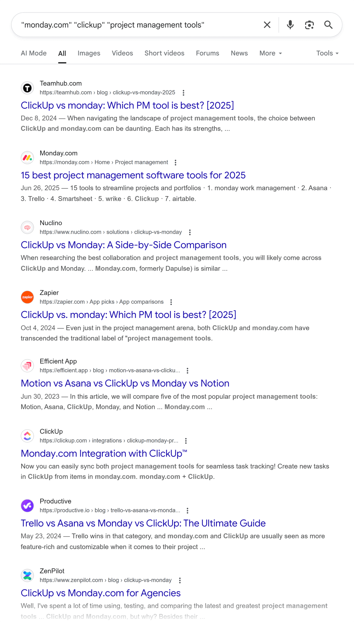 Google SERP – Monday, ClickUp, project management tools