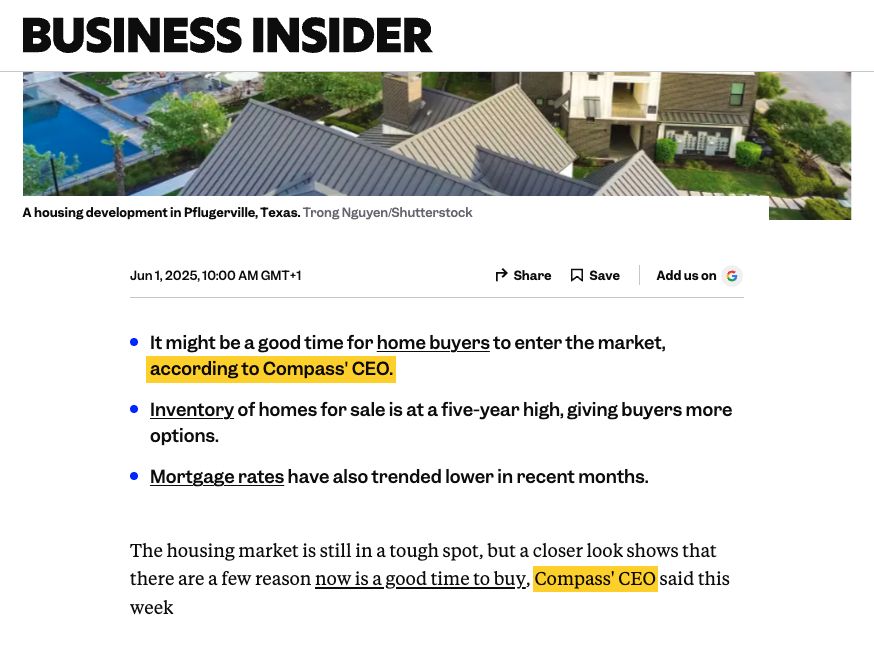 A screenshot of a three bullet point TL;DR overview of a Business Insider article. Yellow highlight over the words "According to Compass' CEO" in the first bullet point, and one additional highlight of the brand name in the third bullet point.