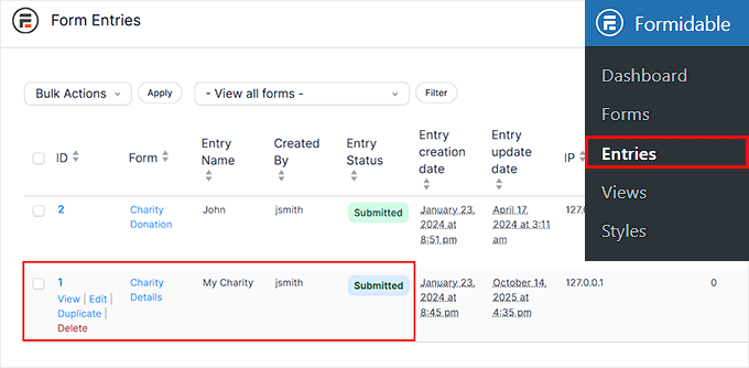 Click Edit link under Charity Details in Formidable Forms Click Edit link under Charity Details in Formidable Forms