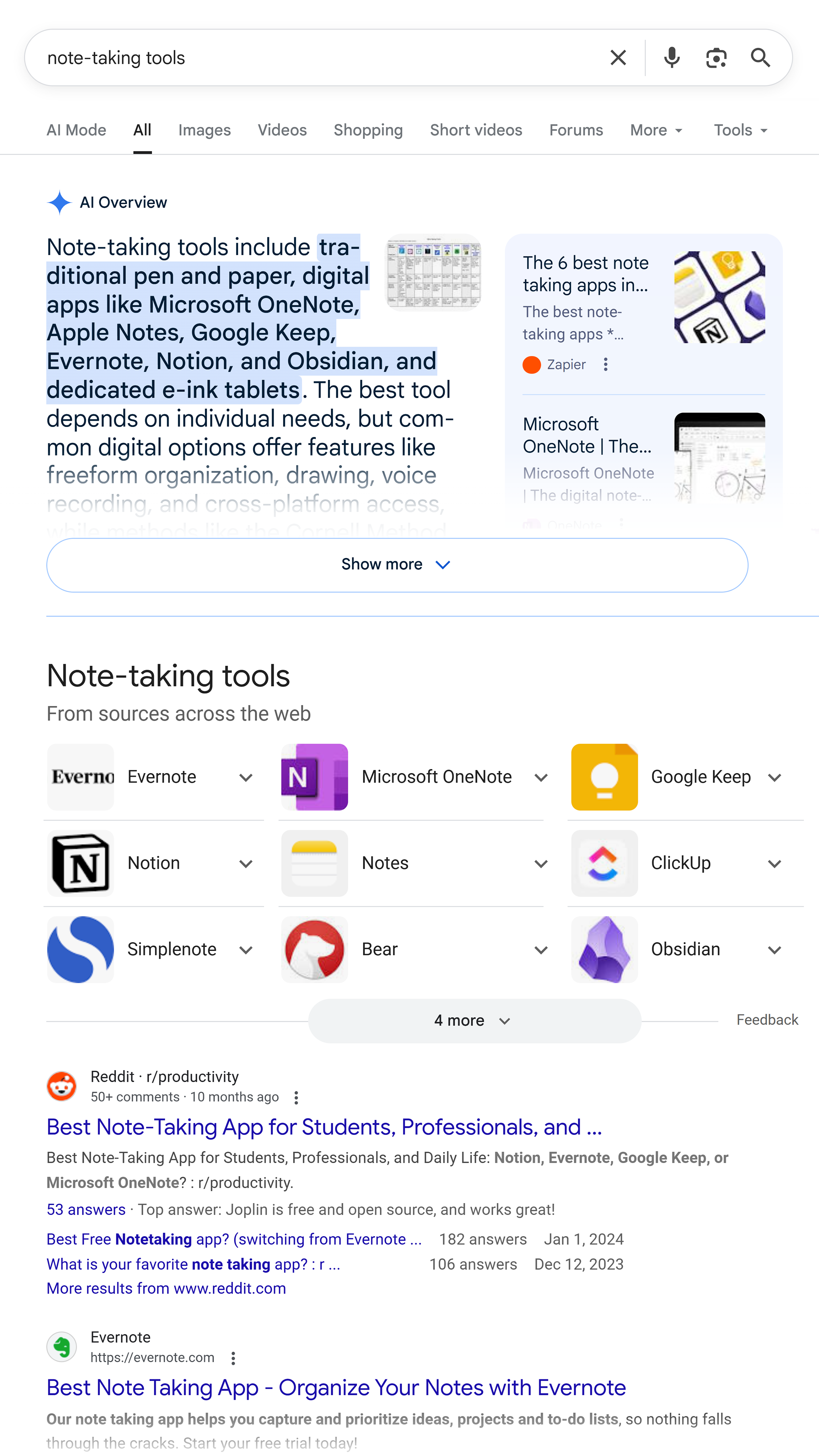 Google SERP &ndash; Note-taking tools