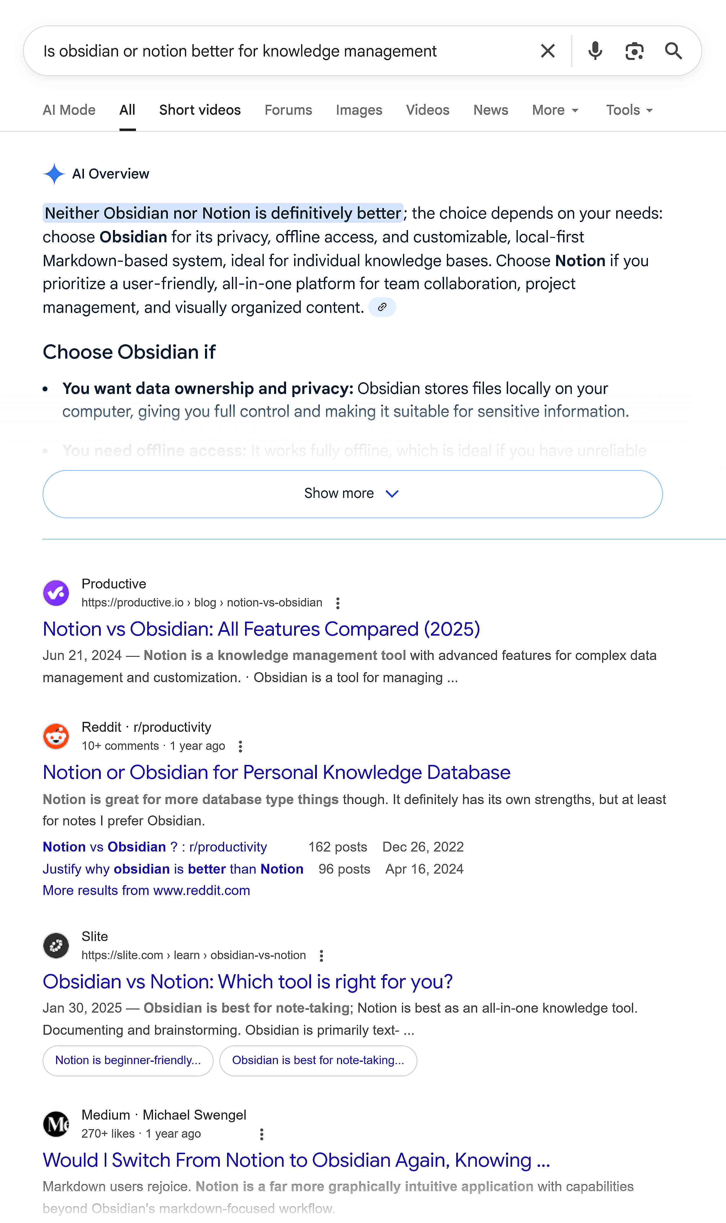 Google SERP &ndash; Obsidian or Notion